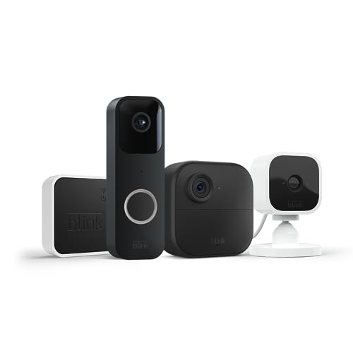 Blink Whole Home Bundle – Video Doorbell system (black), Outdoor 4 camera (black), and Mini...