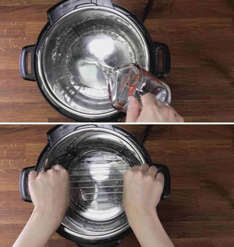 add water and steamer rack trivet in Instant Pot Pressure Cooker