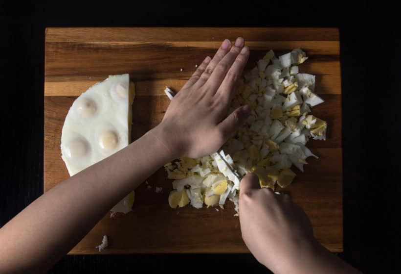 Instant Pot Hard Boiled Egg Loaf Recipe (Pressure Cooker Kathy's No Peel Egg Loaf): chop up the hard cooked egg loaf into chunks for salads or enjoy it as you wish