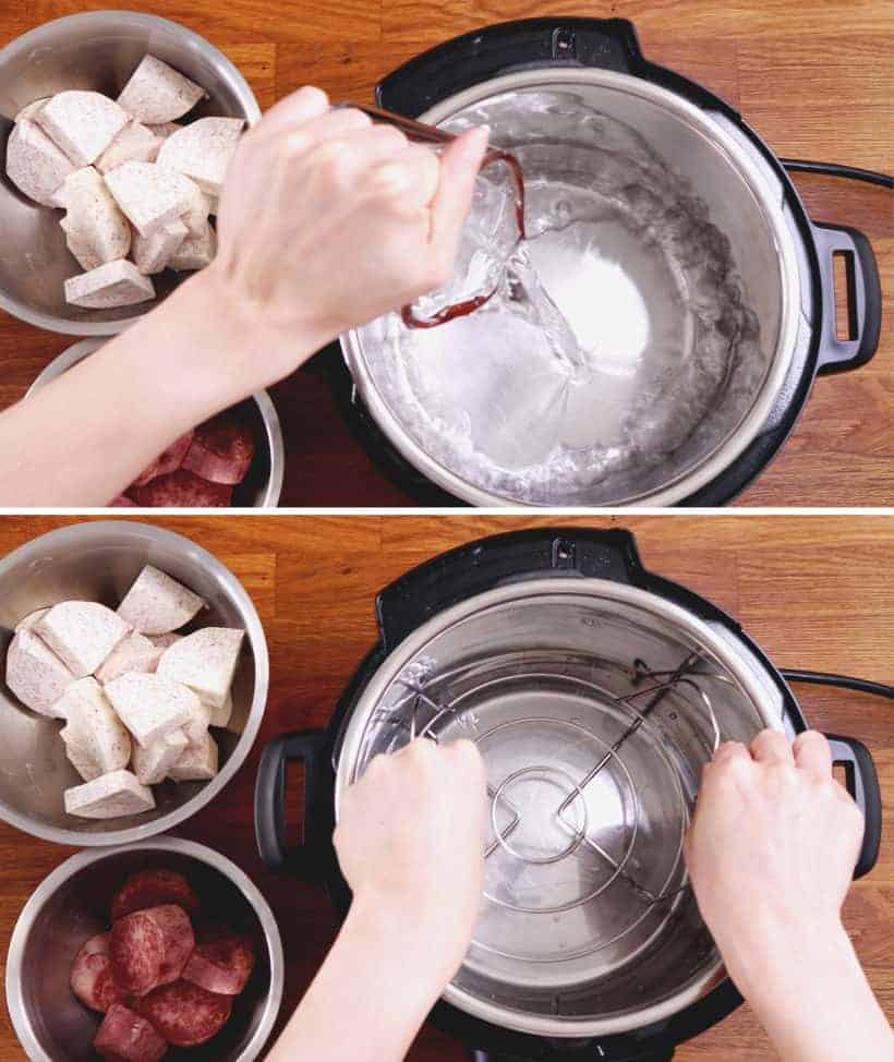 Instant Pot Taro: add water and steamer rack in Instant Pot Pressure Cooker