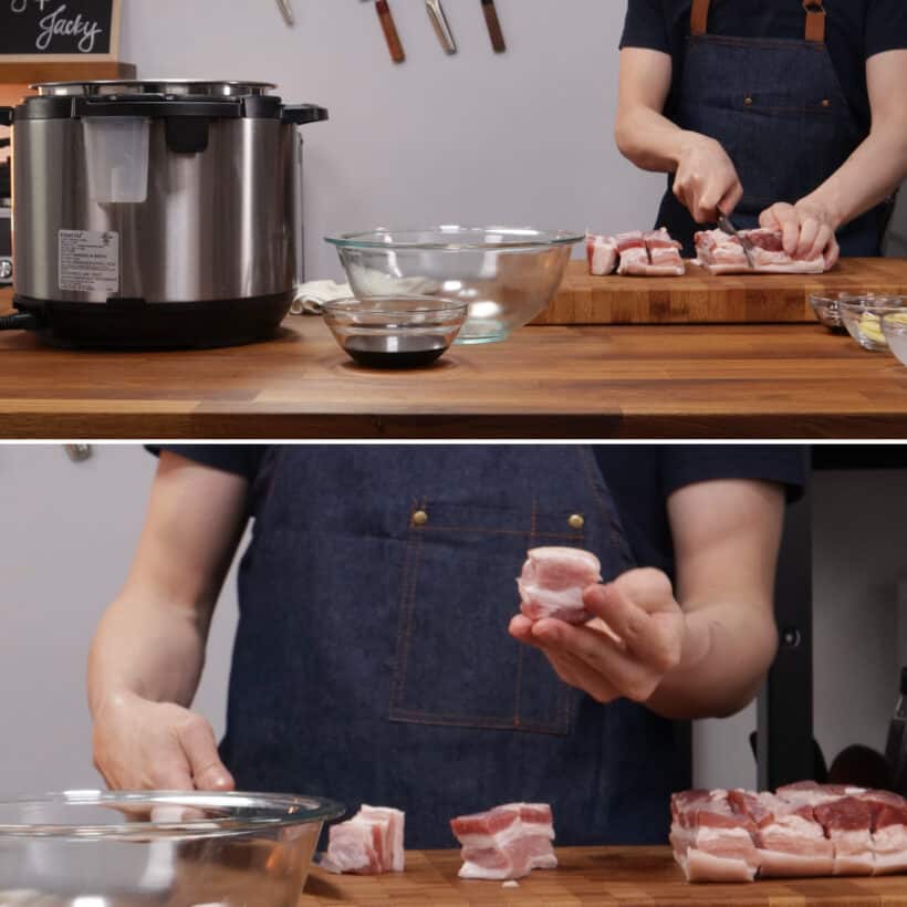 cut pork belly into cubes