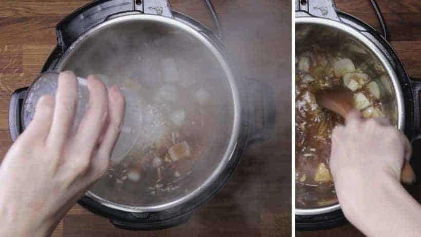 deglaze bottom of inner pot with cold water and scrub with wooden spoon