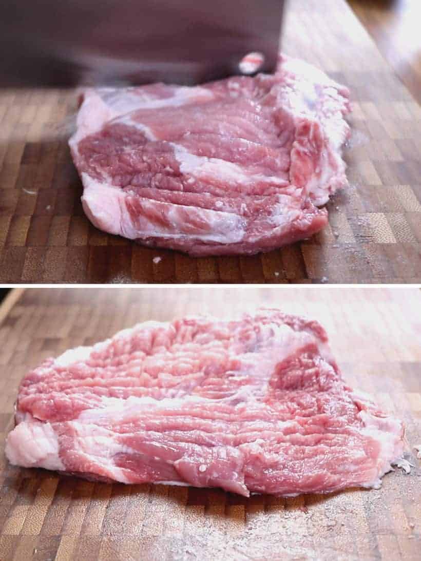 how to tenderize pork chops by pounding pork loin chops with back-end of heavy knife or meat tenderizer  #AmyJacky #InstantPot #PressureCooker #recipes #easy #pork