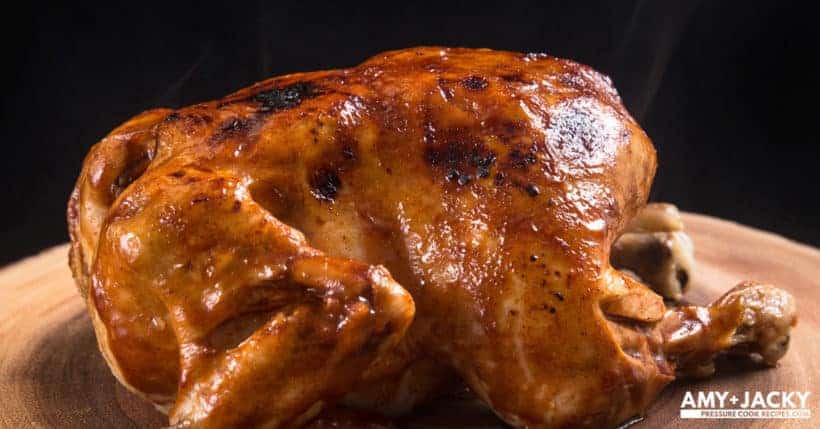 Instant Pot BBQ Whole Chicken Recipe (Pressure Cooker Whole Chicken): Make this 4-ingredient Life-Changing Instant Pot Whole Chicken in 3 Easy Steps! Tender, juicy chicken glazed with caramelized BBQ sauce. Super easy weeknight meal. #instantpot #instantpotrecipes #pressurecooker #pressurecookerrecipes #chicken #chickenrecipes #wholechicken