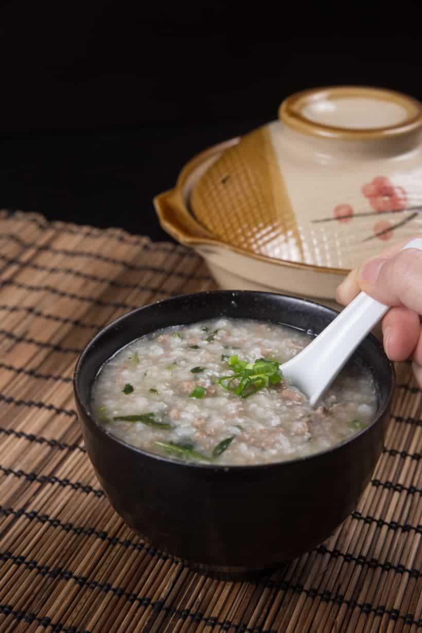 Make Healthy Instant Pot Congee (Jook) Recipe with Minced Beef & Spinach! Soothing 7-ingredient pressure cooker congee.