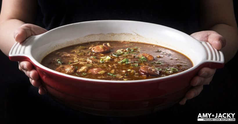 Make Mouthwatering Louisiana Instant Pot Gumbo Recipe (Pressure Cooker Gumbo): a hearty Southern pot of love packed with smoky-spicy Cajun, Creole flavors and rich aromas. Feed your crowd with this delicious party favorite - not just for Mardi Gras! #instantpot #instantpotrecipes #gumbo #pressurecooker #pressurecookerrecipes