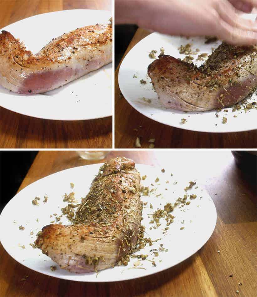 make dry rub, then apply on browned pork tenderloin