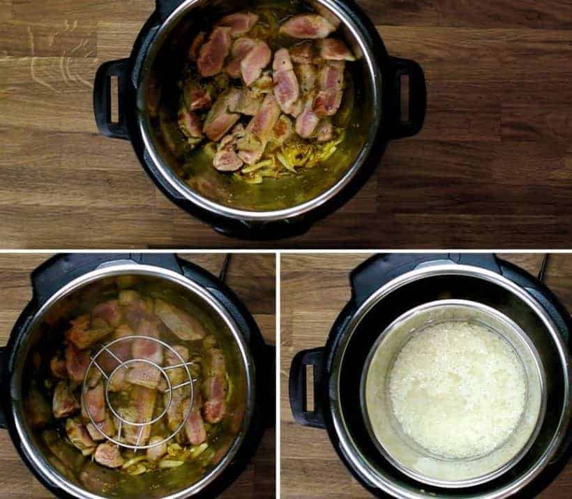 Easy Pressure Cooker Ginger Pork Shogayaki Recipe (pressure cooker one pot meal, instant pot pot in pot recipe): sliced pork butt, steamer rack, calrose rice